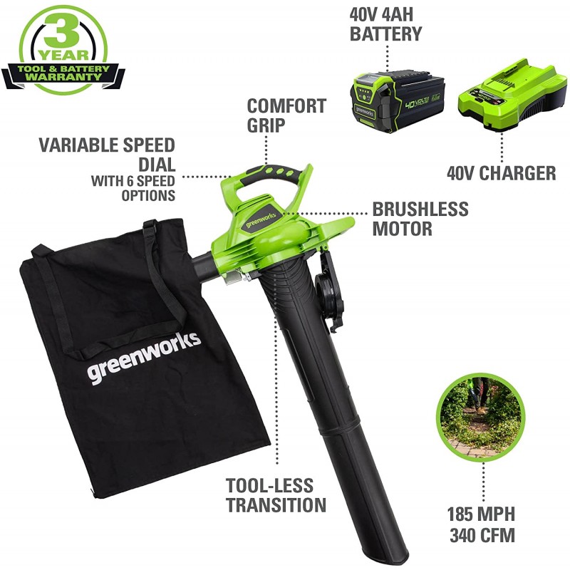 Greenworks G40ABK2 Souffleur à Batterie Axial de Feuilles Mortes Sans Fil,  avec Régulateur de Vitesse, 177 km/h, 11,05 m³/min, Batterie 40V 2Ah et